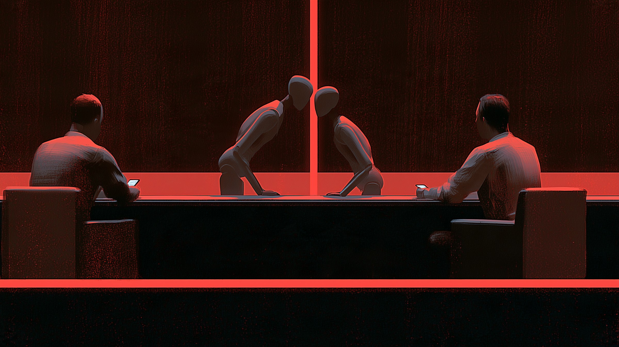 Illustration : aux deux bouts d’une longue table sombre, deux hommes vus de dos consultent leur téléphone en silence, tandis qu’au milieu deux automates sans visage se penchent l’un vers l’autre et conversent à leur place, de part et d’autre d’un trait de lumière rouge.